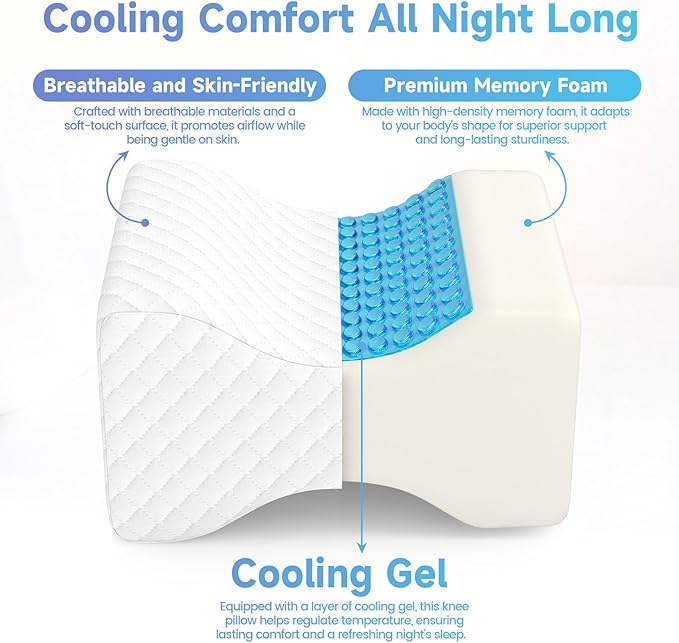 CloudBliss Knee Pillow for Side Sleepers - Cooling Leg Pillow for Side Sleeping, Memory Foam Knee Pillow for Hip Pain, Lower Back Pain, Sciatica Pain, Knee Wedge Pillow with Contour Design, White