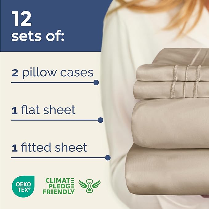 Bulk Case Pack of 12 Sheet Sets - (12) Complete Queen Size Sheet Sets with Deep Pockets - Wholesale Bulk Bedding for Hotels, Spas & Airbnbs - Breathable, Cooling, Soft & Wrinkle Free - (Queen, Wheat)