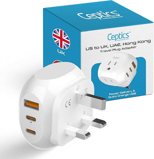 Ceptics UK, Ireland Travel Plug Adapter - 5 Input with 20W PD-QC 3.1A Dual USB-C and USB - Light Weight - USA to Any Type G Countries Such as Hong Kong, England and More (PTU-7), White