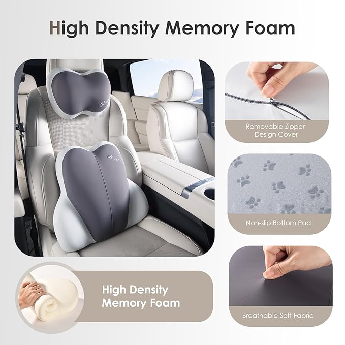 FLORICH Lumbar Support with Car headrest Back Pillow for Chairs Headrest Pillow for Car Ergonomic Ultrathick Memory Foam Back Pillow for Office Chair (Grey)