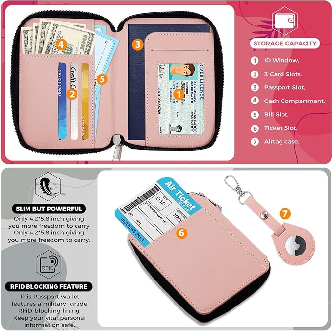 Cnycmy Passport Holder with Airtag,Passport-Wallet-Holder for Women, RFID Passport Holder with Slot Waterproof, PU Leather Travel Passport Case (Pink3)