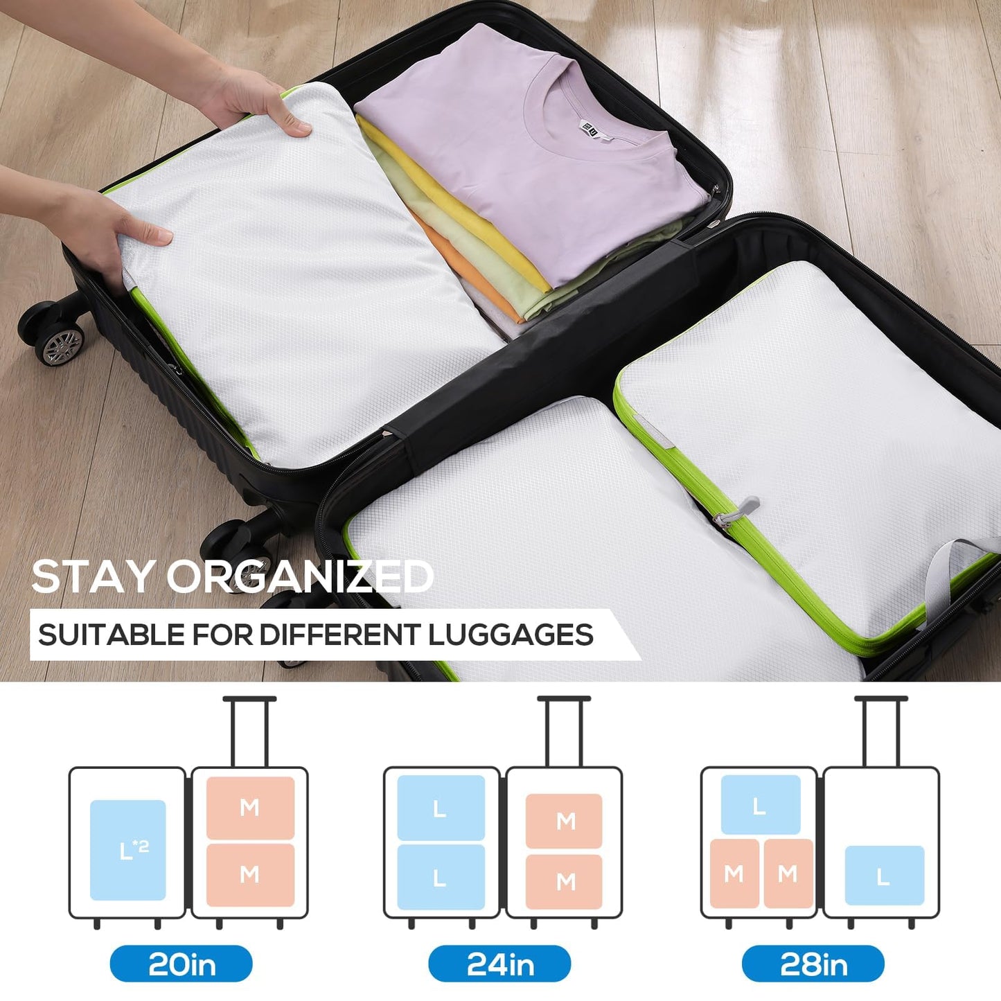Compression Packing Cubes, 6 Set Packing Cubes for Travel Compression, Lightweight Compressible Package Organizer for Carry On and Suitcases, White and Green