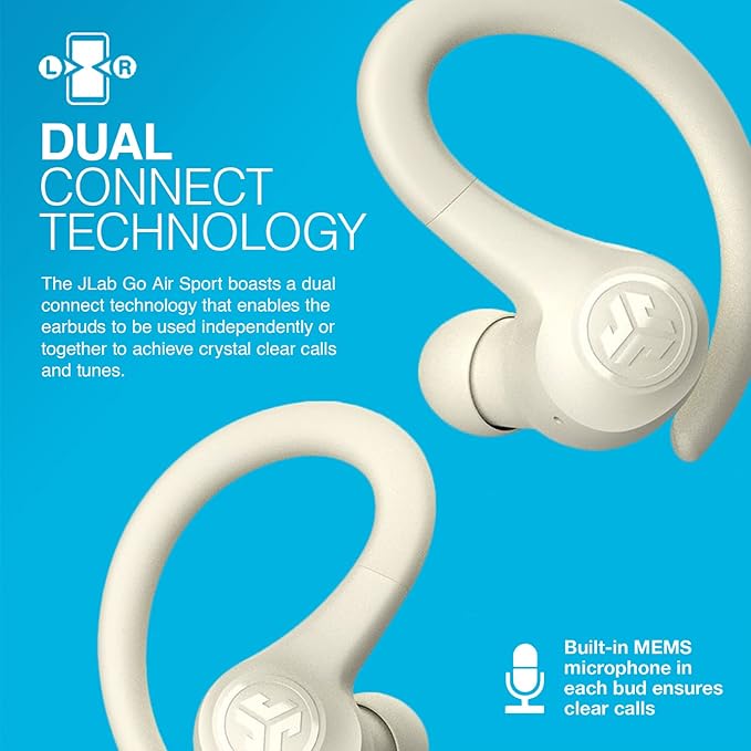 JLab Go Air Sport, Wireless Workout Earbuds Featuring C3 Clear Calling, Secure Earhook Sport Design, 32+ Hour Bluetooth Playtime, and 3 EQ Sound Settings (Sand)