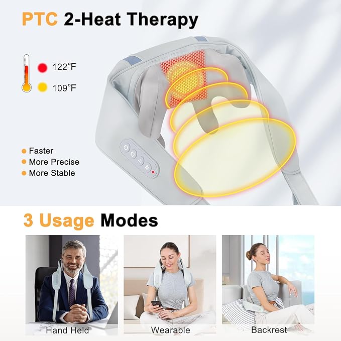 Cordless Shoulder Massager with Heat, Shiatsu Back and Neck Massager, Electric Deep Tissue 5D Kneading Massage Pillow for Shoulder, Leg, Body Muscle Pain Relief, Gifts for Men Women Rechargeable