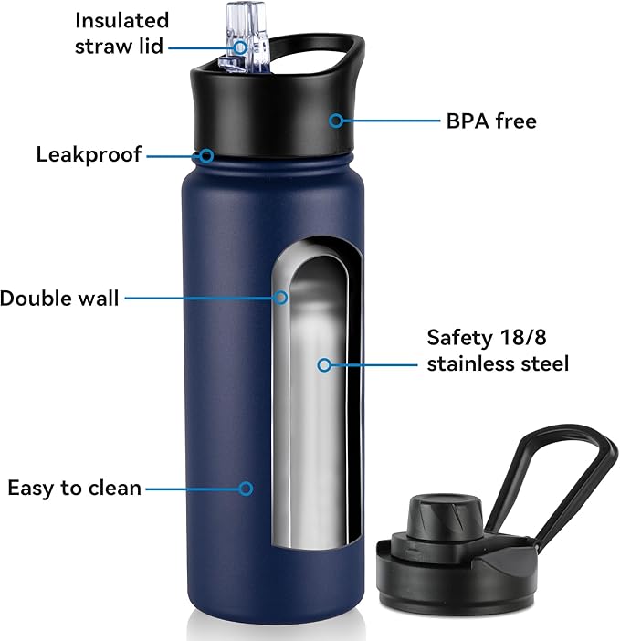 24oz Insulated Water Bottle with Straw Lid, Stainless Steel Metal Water Bottle with Straw & Wide Mouth Lid, Double Wall Vacuum Water Bottle for Hiking Camping, Navy 1 Pack