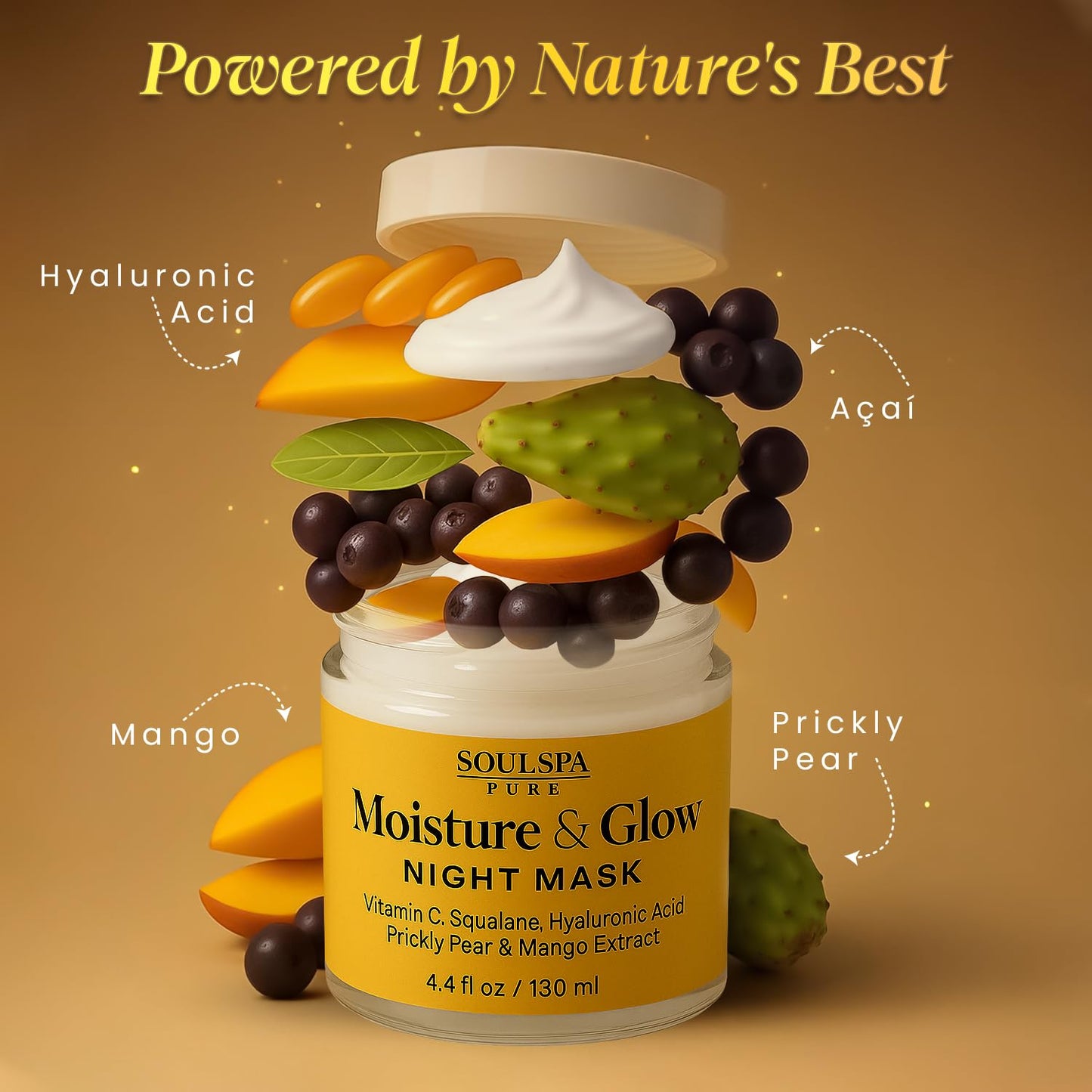 SOULSPA PURE Hydrating Face Mask – Overnight Face Mask with Hyaluronic Acid, Vitamin C, Squalane, Prickly Pear & Açaí – Deep Moisture for Dry Skin – 4.4 fl oz