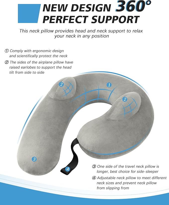 Travel Neck Pillow for Airplane, Travel Pillow Support Head and Neck, Comfortable & Washable Cover, Inflatable Neck Pillow for Traveling,Car,Office,Home (Grey)