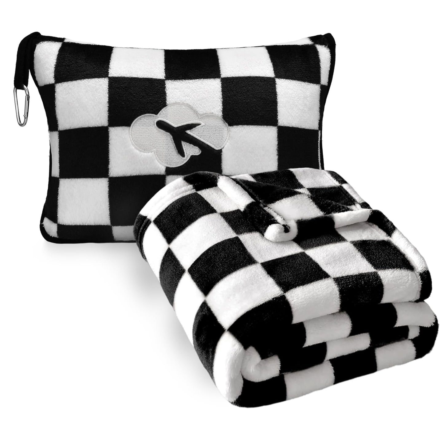 Travel Blanket and Pillow Compact, Premium Soft 2 in 1 Airplane Blanket with Soft Bag Pillowcase，Hand Luggage Sleeve and Backpack Clip (Checkered Black)