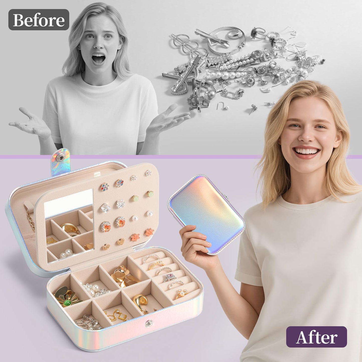 LAMU Travel Jewelry Box,Portable Jewelry Organizers and Stroage, Iridescent Rainbow Small Jewelry Case for Earrings Rings Necklaces,Travel Essentials for Women Girls Bridesmaid Gifts (Silver)