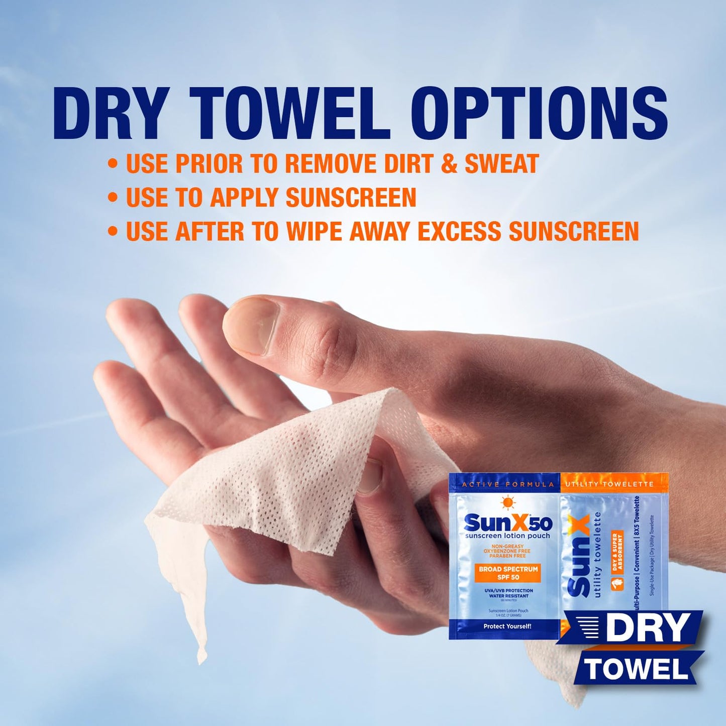 CoreTex Sun X 50 Broad Spectrum Sunscreen Packets & Dry Towels Duo Kit - Pack of 25 Paraben, Oxybenzone, Octinoxate, & Oil Free Sunscreen - No White Cast and Water & Sweat Resistant Up to 80 Minutes