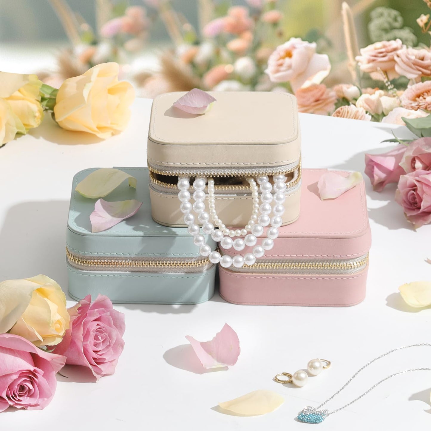 NGVRC Genuine Leather Travel Jewelry Case Organizer with Mirror for Women, Small Jewelry Box Portable Mini Jewelry Case for Earring, Ring, Necklace, Bracelet(Pink)