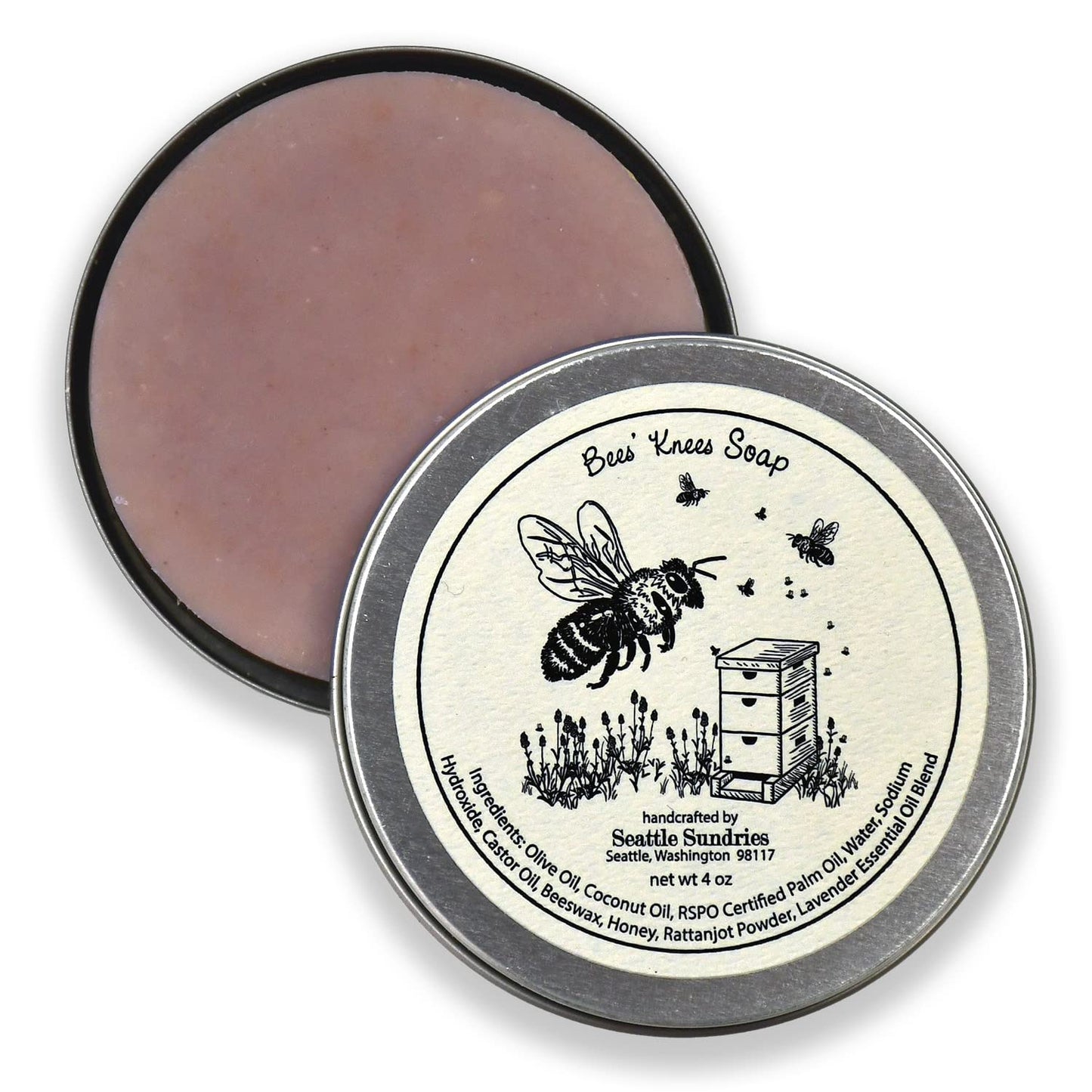 Seattle Sundries Lavender & Honey Soap Bar for Women & Men, 1 (4oz) All Natural Body Bar Soap in a Retro Aesthetic Tin, Fun Bee Themed Gift Idea