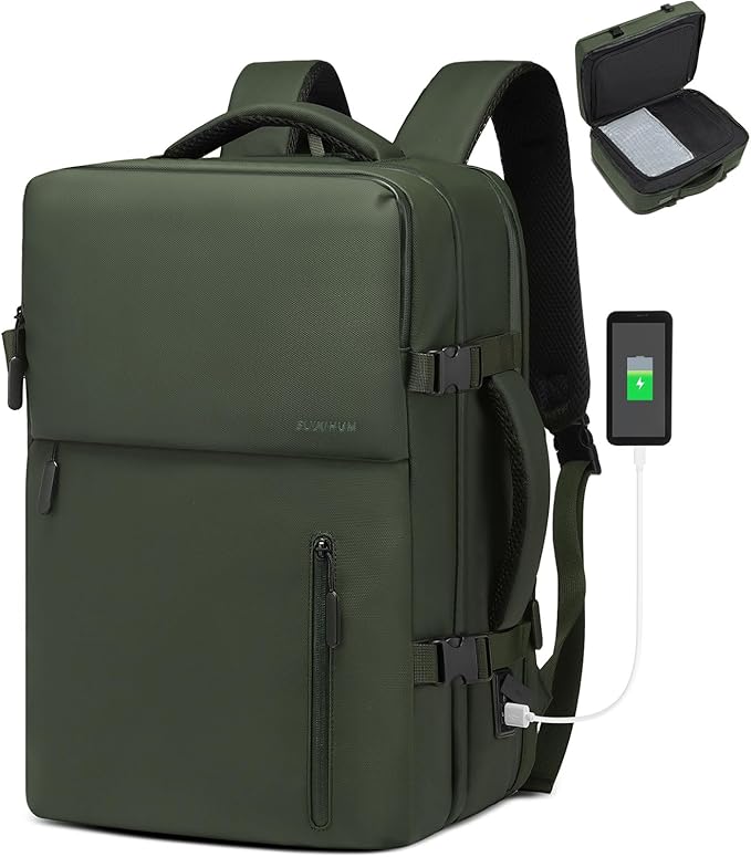 Business Travel Carry on Backpack, Lay Flat Luggage Style Bag with USB C & A, 16-inch Suitcase Capacity, Airline Approved, Green