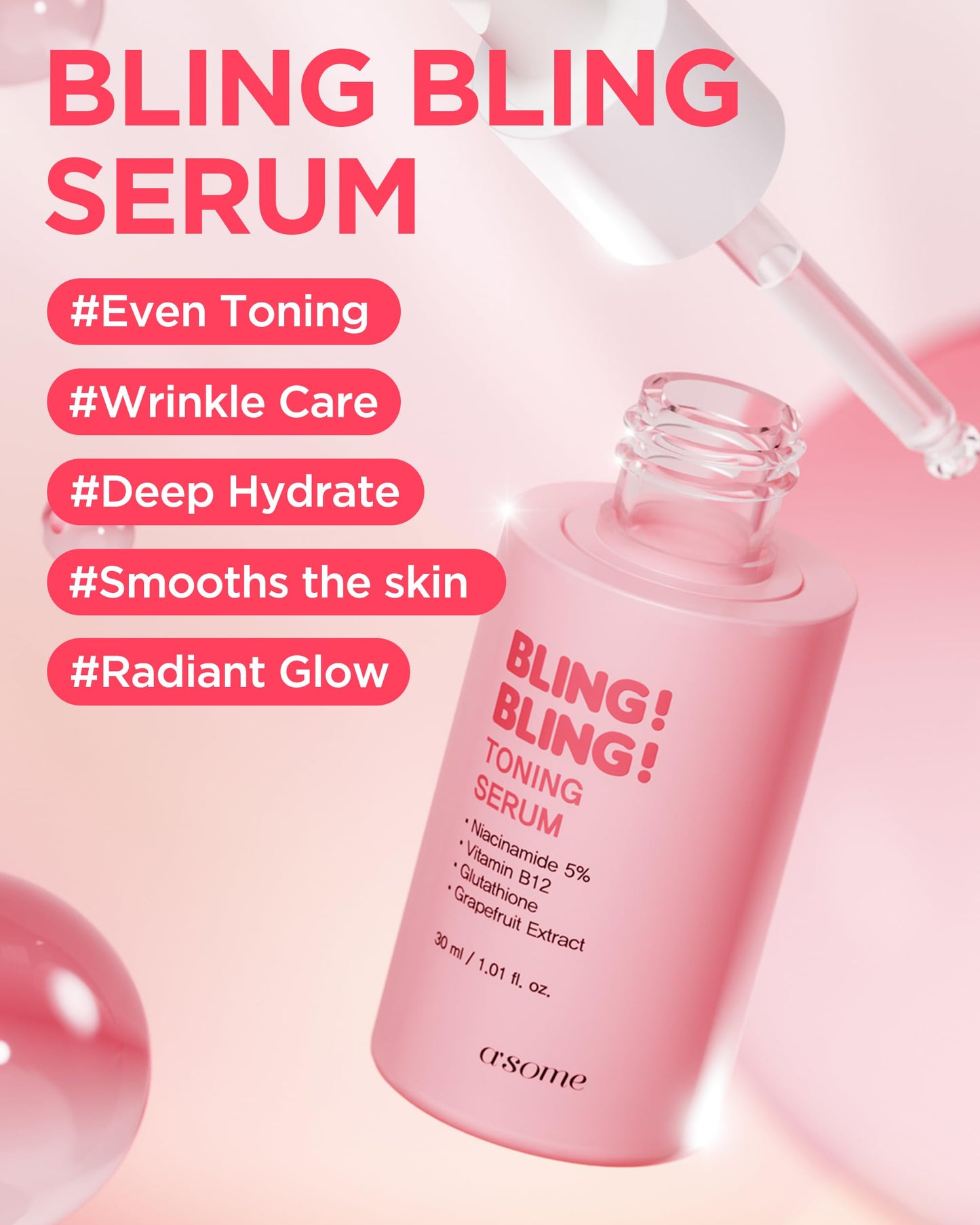 A'SOME Bling Bling Toning Serum Korean Advanced Facial Serum with 5% Niacinamide for Radiant Complexion, Vegan Gel Formula with Hyaluronic Acid & 10 Vitamins, Dermatologist Tested, 1.01 fl.oz.