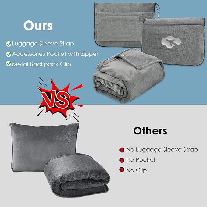 Blanket Pillow for Airplane Travel Essentials - 3 In 1 Travel Blanket and Pillow Set for Women Gifts, Plane Compact with Bag for Long Flight, International Traveler Must Haves Flying Accessories(Gray)