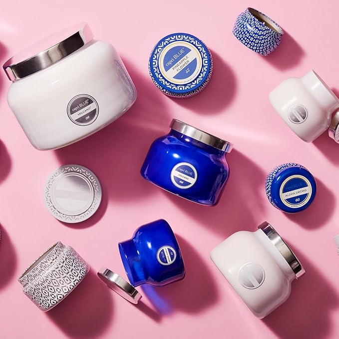 Capri Blue Volcano Scented Mini Tin Candle - Printed Mini Tin Jar Candle - Luxury Candles for Home Scented with Tropical Fruit & Sugared Citrus - Soy Candle Wax Blend - Blue Candle (3 oz)