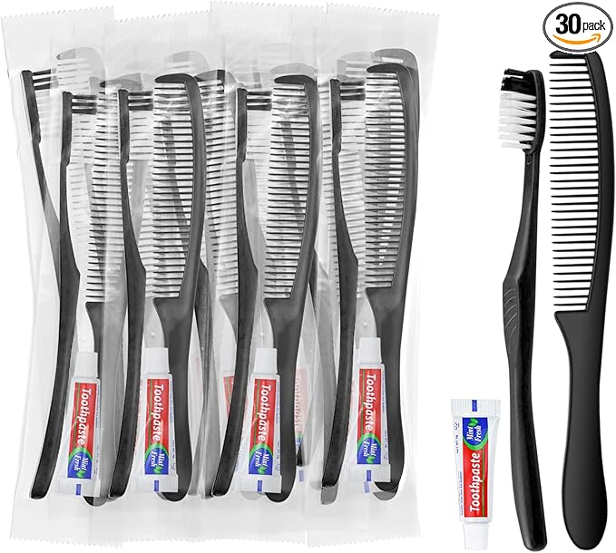 Black Disposable Toothbrushes with Toothpaste and Comb - Pack of 30,Individually Wrapped Single Use Travel Toothbrushes Kit Bulk for Homeless,Guests,Hotel