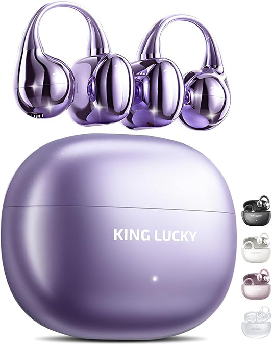 King Lucky Clip on Earbuds Open Ear Wireless Bluetooth 5.4 Headphones with Mic, 50H Play, Noise Cancelling, Waterproof, Comfortable for Small Ears & Glasses Wearers, Sports, Workouts, Purple