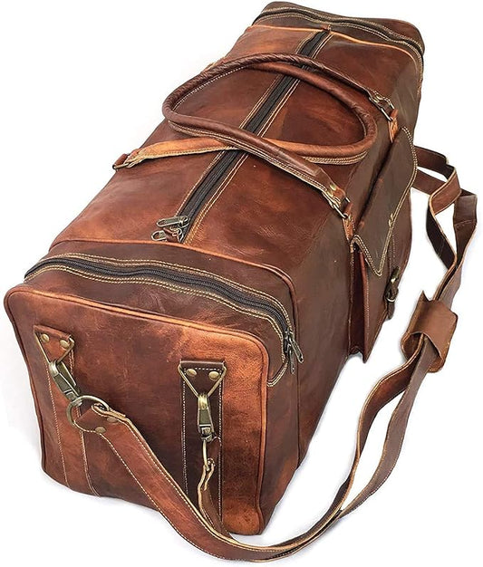 KK's Vintage Leather Duffel Bag, Handcrafted, Stylish & Durable, Ideal for Gym, Travel, Genuine Leather Travel Bag, Brass Rivets & Zippers Size 28"(L),12"(D), 11"(H) Inch