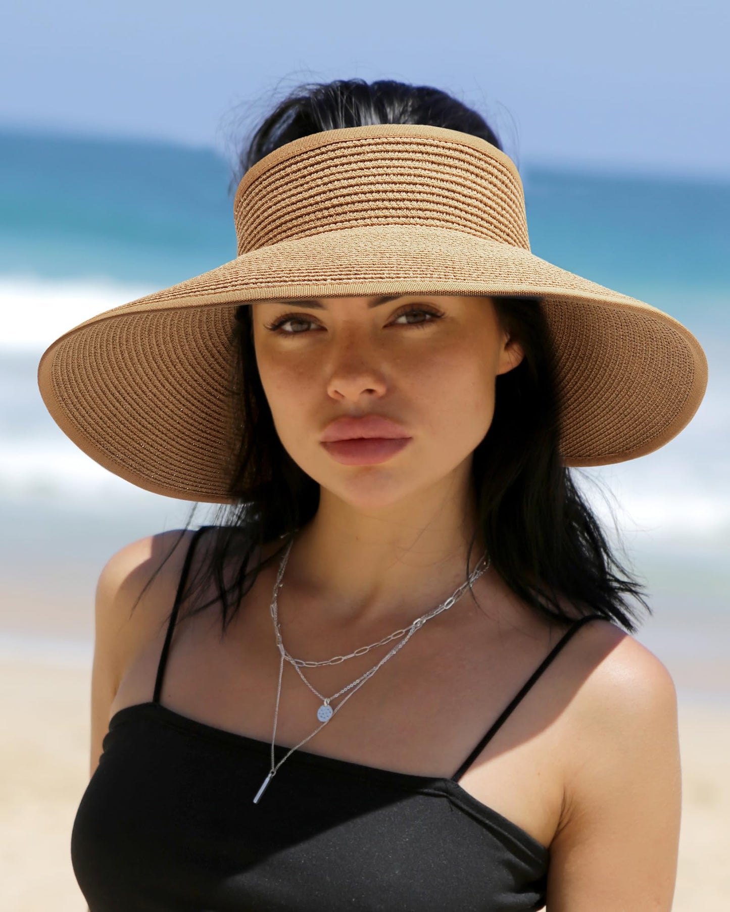 FURTALK Sun Visor Hats for Women Beach Hat Ponytail Summer UPF 80+ Beach Vacation Essentials Packable Wide Brim Khaki