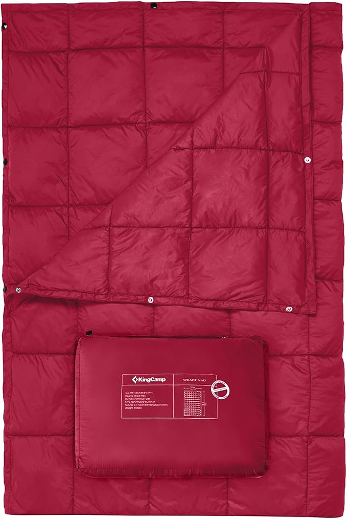 KingCamp Ultralight Camping Blanket, Packable Down Alternative Puffy Wearable Blankets Weatherproof Warm Package Quilt with Snap Buttons for Outdoor Hiking Travel Picnic Stadium (79" L x 53" W, Wine)