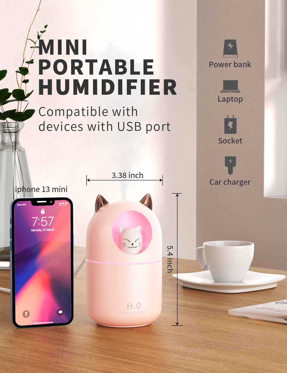 Cool Mist Humidifier,300ml Mini Humidifiers with Night Light,Waterless Auto-Off Air Humidifier,20dB Quiet Humidifiers for Bedroom,Car, Plant for Girl Boy