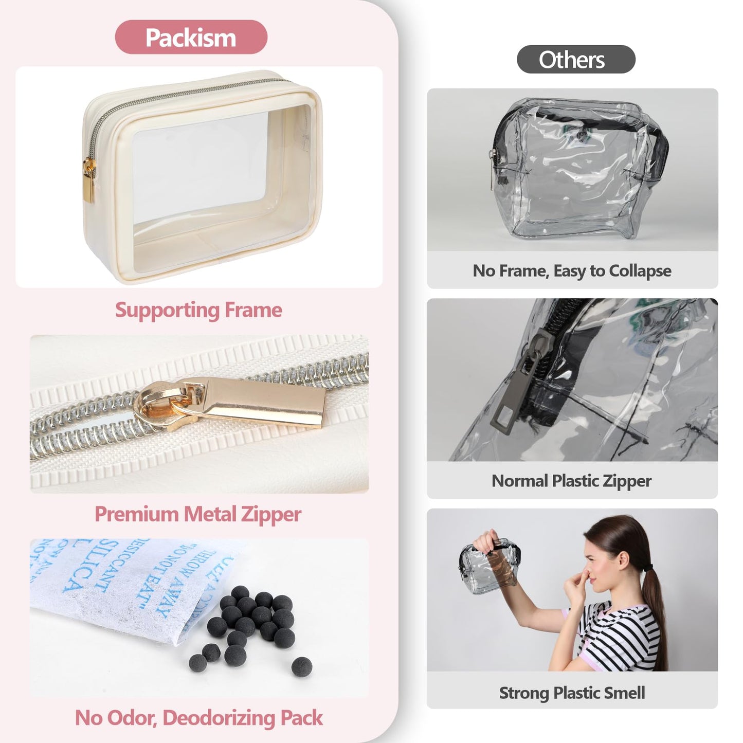 PACKISM Clear Makeup Bag - Soft Plastic Color-Edged TSA Approved Toiletry Bag, Reusable Clear Toiletry Bags with Golden Zipper, Beige