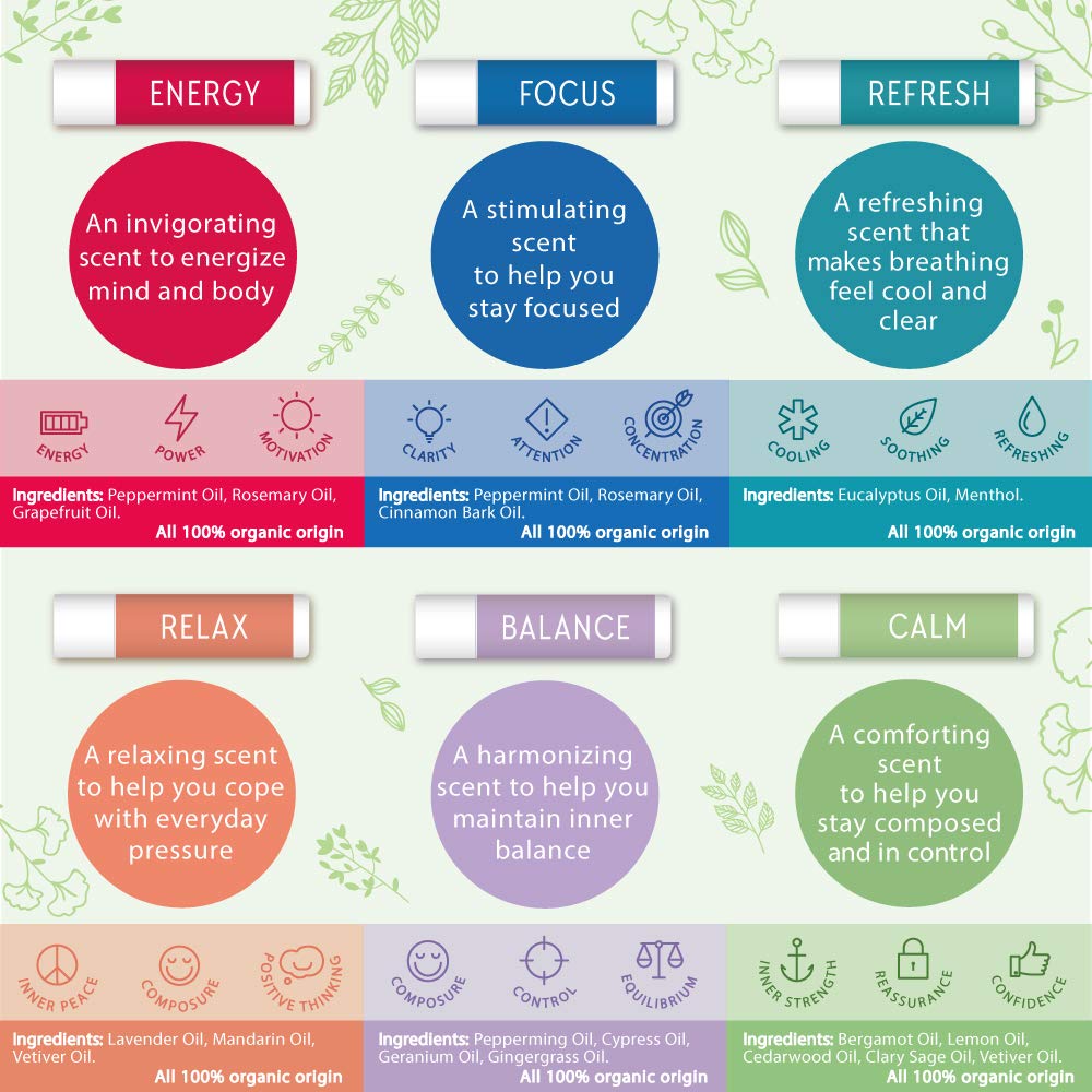 Aromatherapy Nasal Inhaler [Swiss Made] Organic Essential Oils Set Diffuser [ Portable Aromatherapy Stick] (1 Stick, Focus) (1 Count (Pack of 1), Balance)