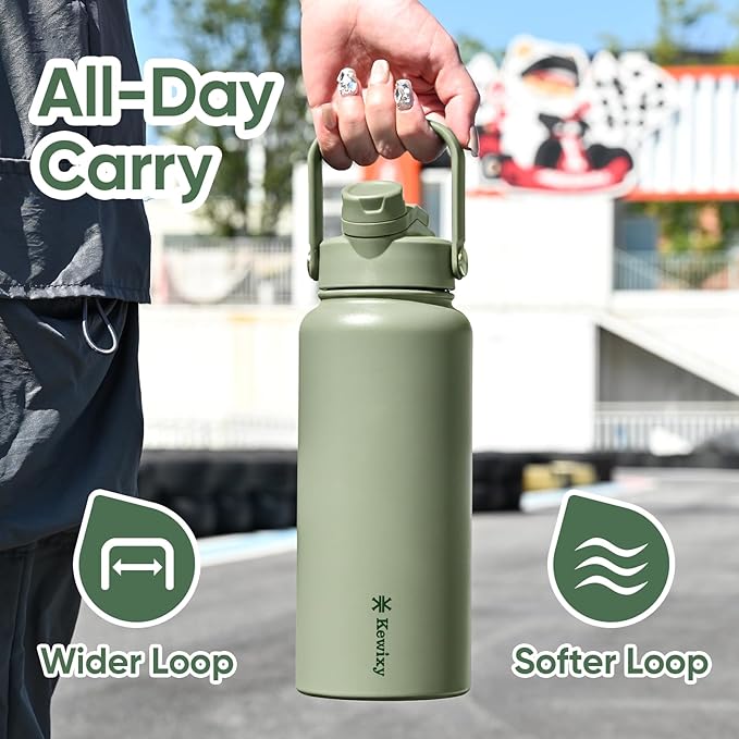 32 oz Insulated Water Bottle, 2-in-1 Lid, Straw & Spout with Protected, Leak Proof, Keep Cold, Stainless Steel, Metal, Reusable, Handle, for Outdoor, Gym and School, 2 Lids, Sage Green