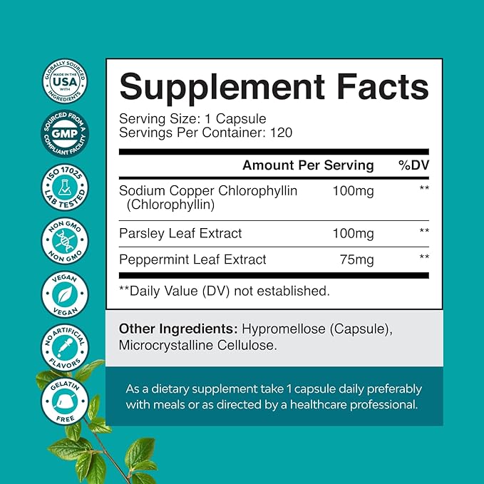 Chlorophyll Capsules for Cleanse and Detox Support - Internal Deodorant Pills for Body Odor with Mint & Parsley Extract Healthy Skin Immunity & Digestive Support - Vegan Non-GMO & Gluten Free (120ct)