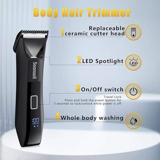 Beard Trimmer for Men, Groin & Body Hair Trimmer, Electric Shaver, Nose & Ear Hair Clippers, 4 in 1 Men's Grooming Kit, Waterproof Wet/Dry Groomer with Travel Case, LED Display
