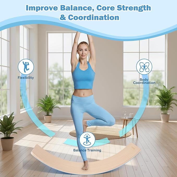 Adult Balance Board, 35 Inch Natural Wooden Wobble Balancing Board, Rocker Board with Non Slip Felt Yoga Curvy Board for Women and Men