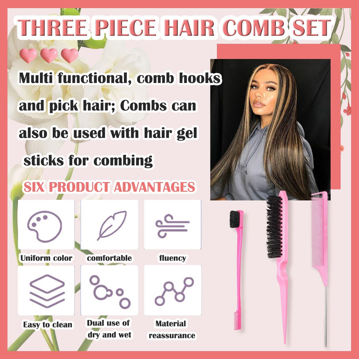 Hair Wax Stick & Hair Styling Combs Set 4 Pcs,Moisturizing Non-Greasy Hair Styling Wax Stick for Edge Control on Wigs And Hair,Lightweight Hair Slick Balm Stick for Flyaways Edge Frizz Hair