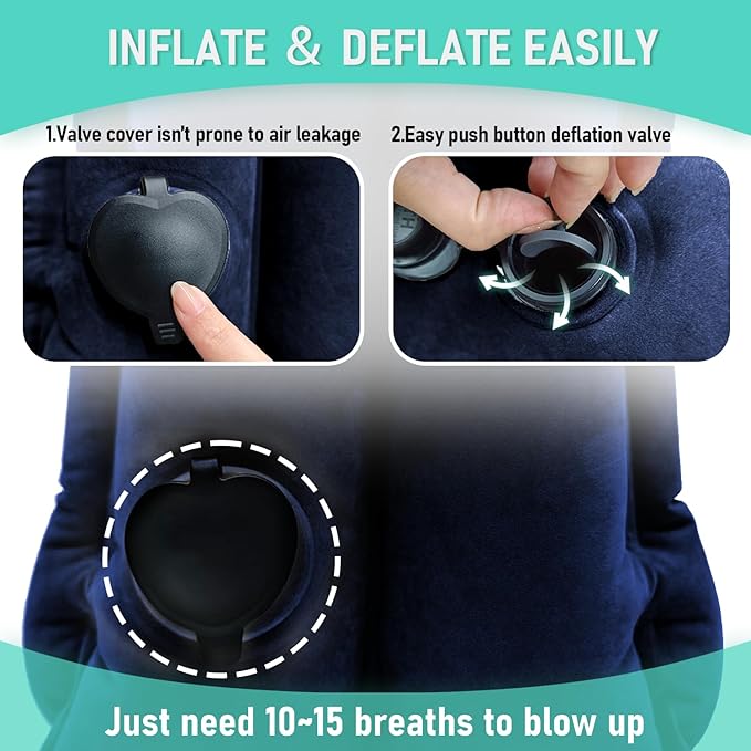 Inflatable Travel Pillow for Airplanes, Airplane Pillow for Supports Neck, Used for Planes, Trains, Cars, Includes Storage Bag, Eye Mask & Earplugs (Blue)