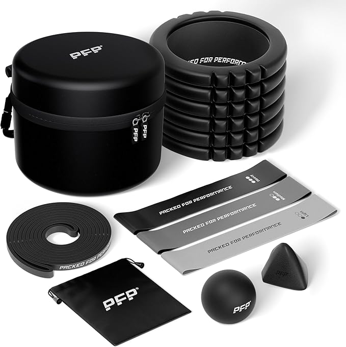 Mobility Pack, 6-Piece Workout Set - at Home & On-The-Go Exercise Recovery Tools - Foam Roller, Extended Performance & Mini Resistance Band, Massage Tool & Carry Case with Clip
