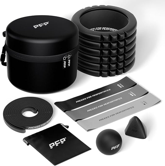 Mobility Pack, 6-Piece Workout Set - at Home & On-The-Go Exercise Recovery Tools - Foam Roller, Extended Performance & Mini Resistance Band, Massage Tool & Carry Case with Clip