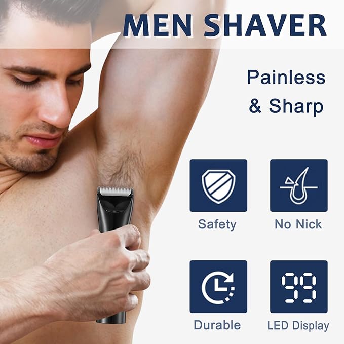 Body Hair Trimmer for Men - Electric Male Hygiene Grooming Shaver - Hair Razor Nose Trimmer Clippers - 3 in 1 Groin Groomer IPX5 Waterproof LED Display Remover for Chest Back Armpit