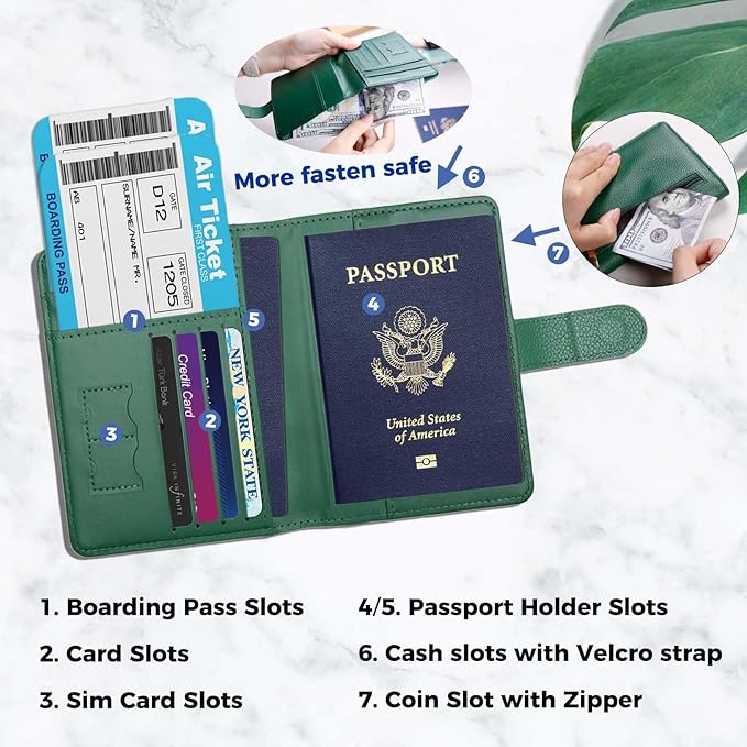 Cnycmy Passport Holder with RFID Blocking, Cash Pocket & Back Zipper Coin Pocket - Travel Document Holder, Magnetic Button, Multiple Card Slots - Soft PU Leather for Men and Women(MOSS GREEN)