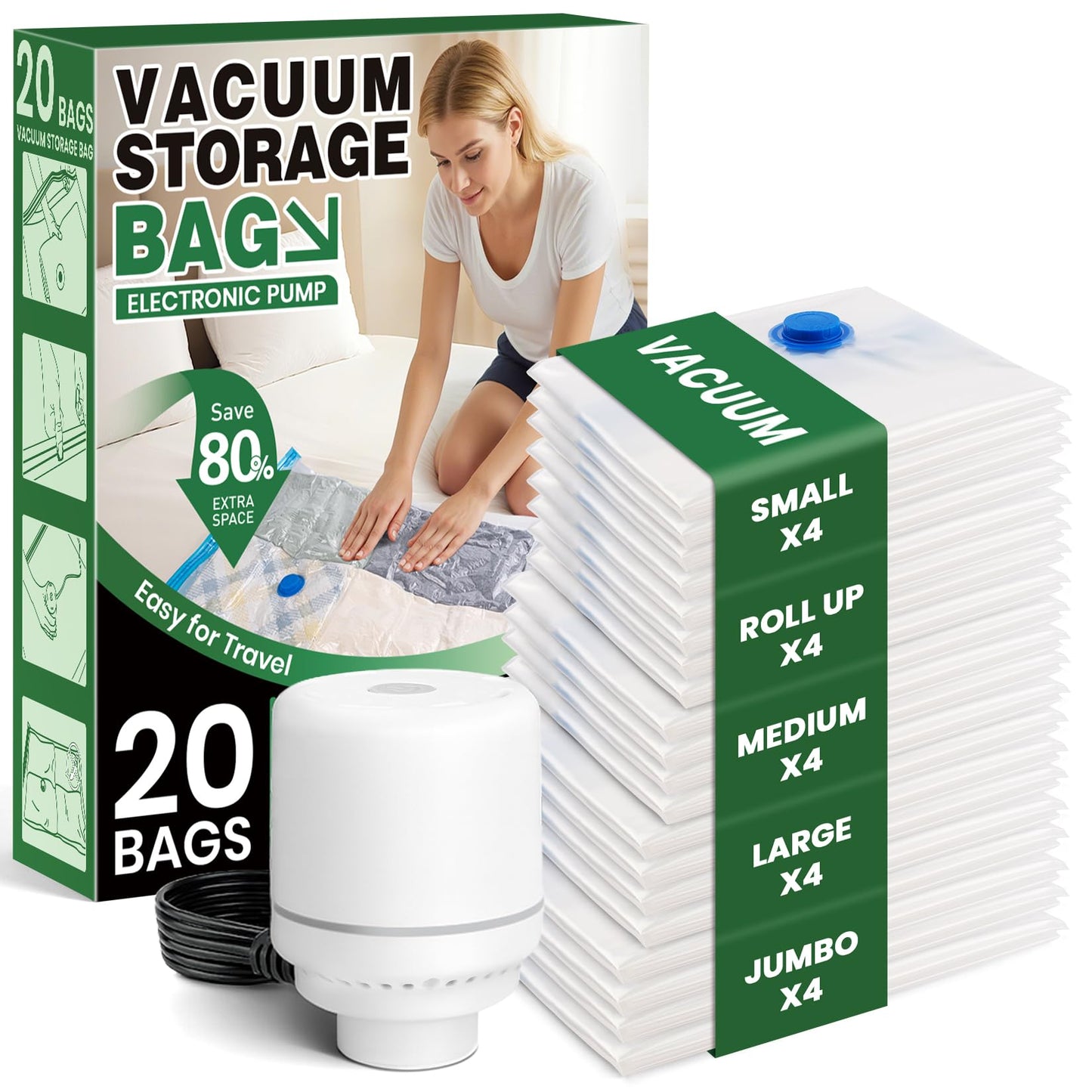 Vacuum Storage Bags,20Pack Vacuum Seal Bags with Electric Air Pump,Vacuumm Seal Bag for Clothing,Travel,Clothes,Comforters,Blankets,Pillows-4 Jumbo+4 Large+4 Medium+4 Small+4 Roll Up Space Saving Bag
