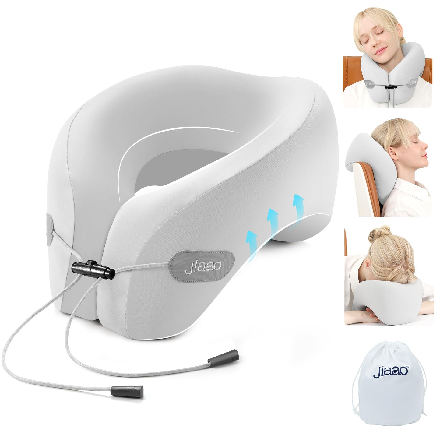 jiaao Travel Neck Pillow - Pain Relief & Comfortable Sleep on Cars, Trains & Planes - Memory Foam Advanced Neck Support for Long Flights, Eye Mask, Earplugs & Storage Bag