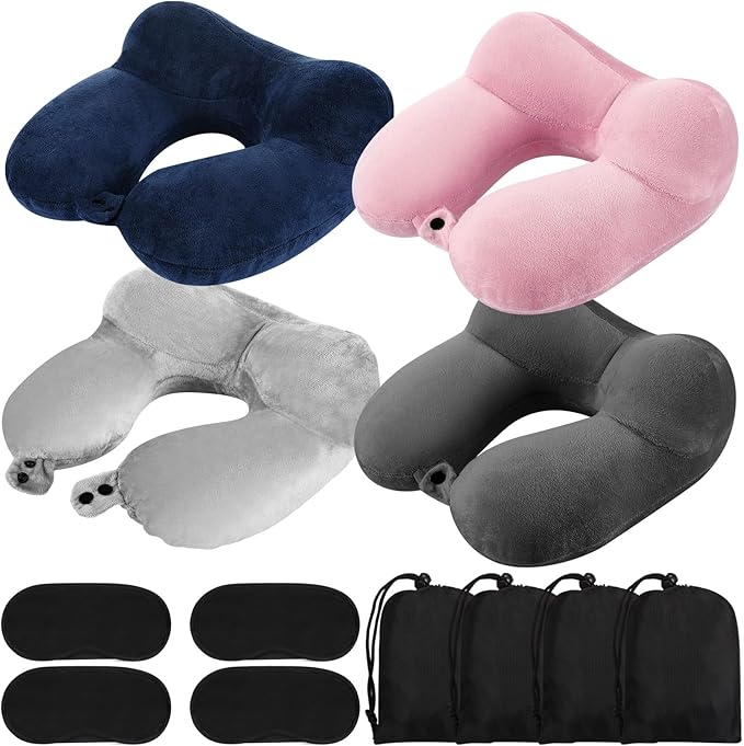 Sintuff 4 Sets Inflatable Travel Pillows for Airplanes with Compact Bag and Blindfold Velvet Inflatable Neck Pillow for Traveling Head Support U Shaped Flight, 12 x 12 x 5.5 Inch (Assorted Colors)