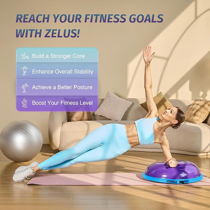 ZELUS 25in. Balance Ball | 660lb Inflatable Half Exercise Ball Wobble Board Balance Trainer w Nonslip Base | Half Yoga Ball Strength Training Equipment w 2 Bands, Pump, Extra Ball Included