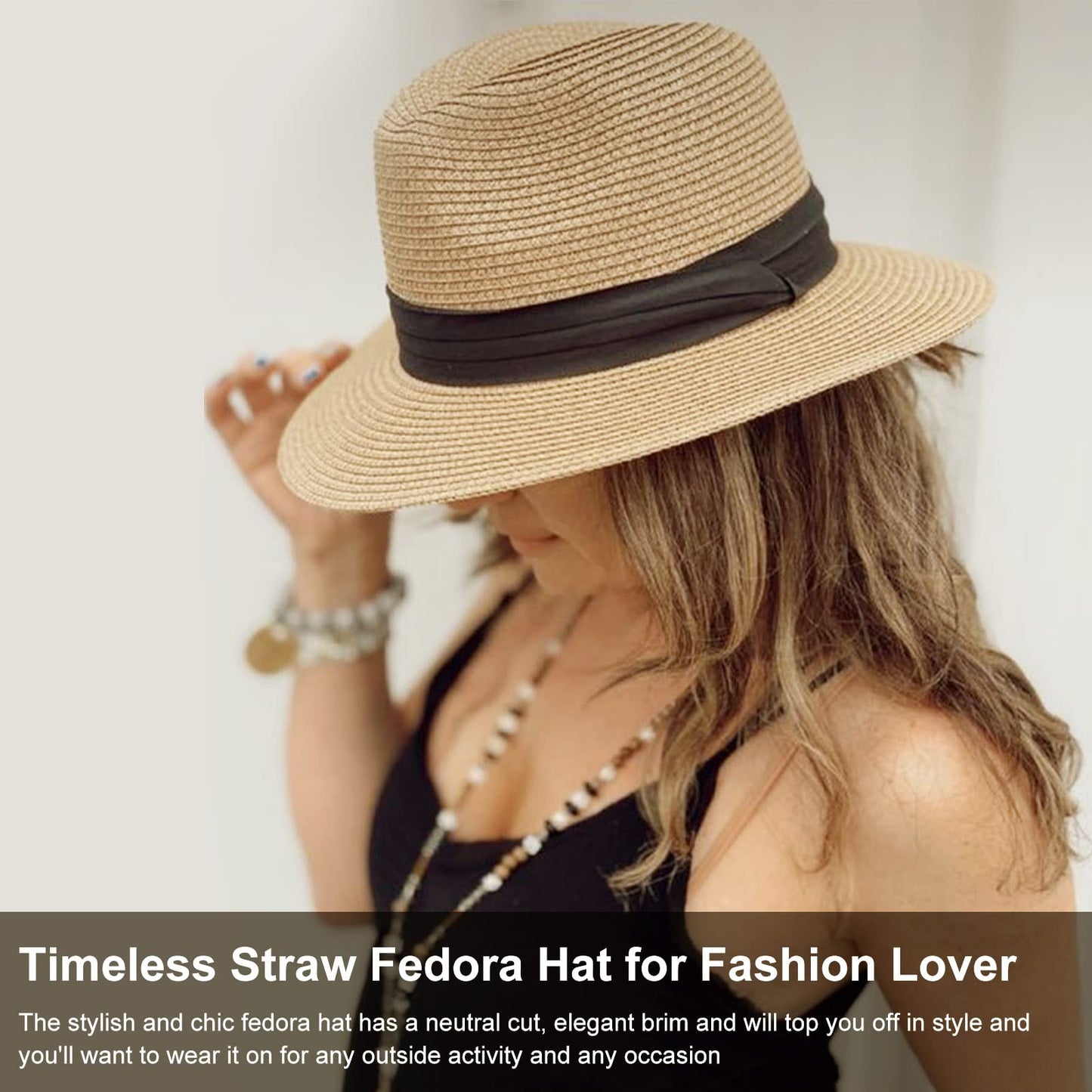 DRESHOW Women Straw Panama Hat Travel Fedora Beach Sun Hat Summer Wide Brim Straw Roll up Hats UPF 50+