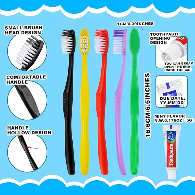 100pcs Disposable Toothbrushes with Toothpaste,Single Use Toothbrush with Toothpaste Individually Wrapped Disposable Travel Toothbrushes Kit Bulk for Homeless,Hotel,Guests(5 Colors)