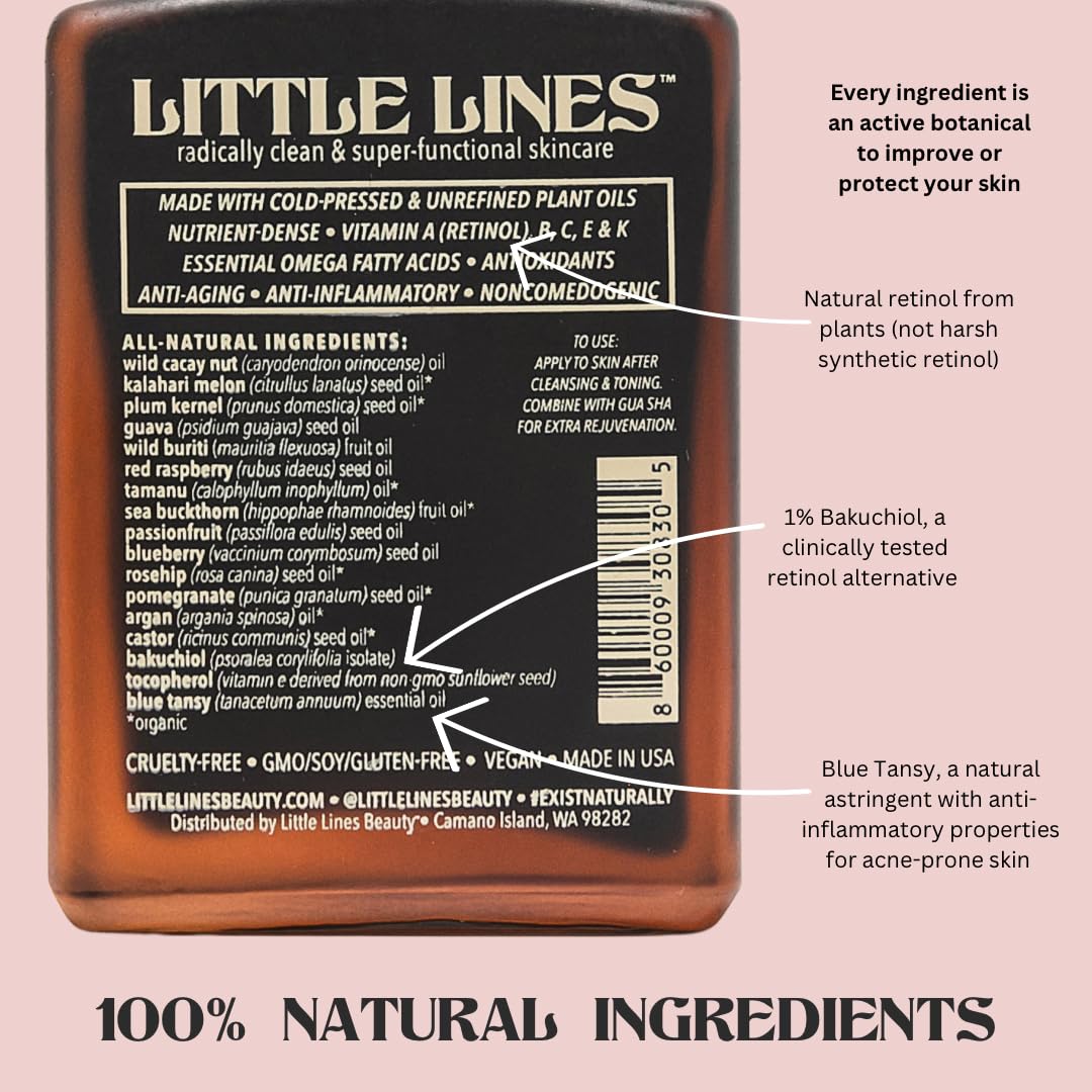 LITTLE LINES Botanical Bakuchiol Face Oil Serum | Holistic Retinol Alternative | Waterless blend of 17 botanicals | Anti-Aging Natural Skin Care For Fine Lines & Wrinkles | Hydrating & Brightening