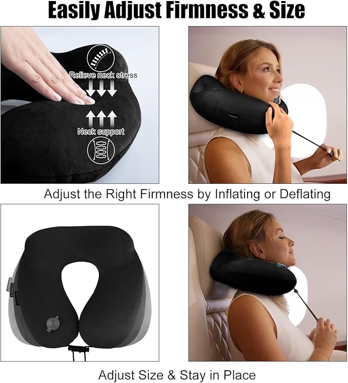 urophylla Inflatable Travel Neck Pillow for Airplanes, Super Soft Velvet Neck Support, Adjustable Firmness, Blow Up Plane Pillow for Long Flights, Road Trips, Travel Essentials with Eye Mask, Earplug