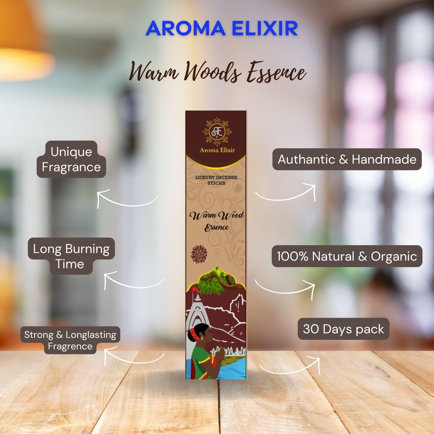 Aroma Elixir Incense Sticks for Meditation, Aromatherapy, Cleansing, and Church. (Warm Wood Essence)