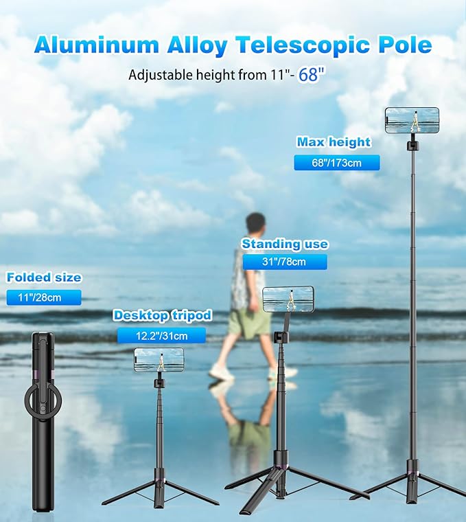 68" Magnetic Selfie Stick Tripod for iPhone,Portable Cell Phone Tripod Stand for Magsafe with Rechargeable Remote, 360° Rotation Aluminum Phone Holder for Video Recording/Live Stream/Travel Black