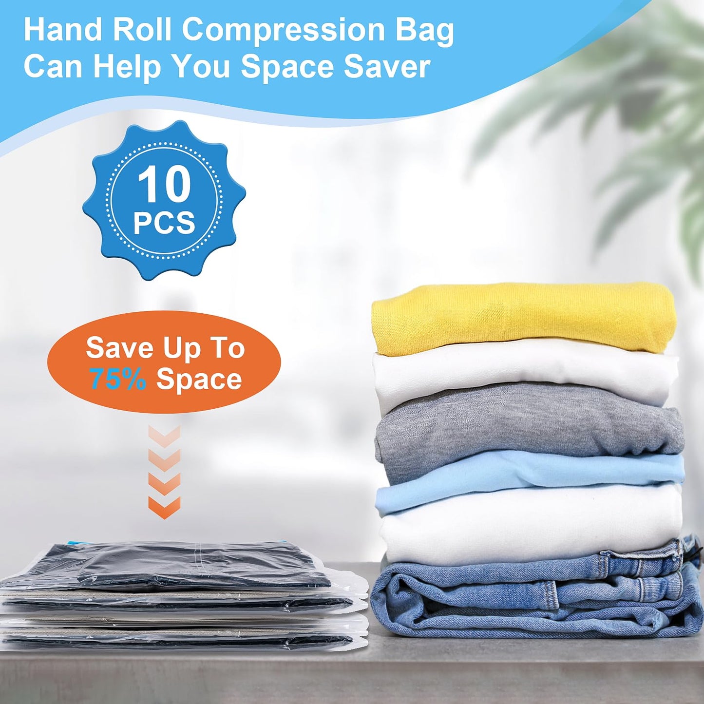 Compression Bags for Travel, 10 PCS Space Saver Bags, Hand Roll Vacuum Packing Bags for Travel, No Vacuum Needed, (3 Large, 3 Medium, 4 Small), Clothing, Luggage, Home Organizers Storage Bags