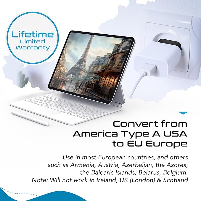 Ceptics USA, Canada to European Plug Adapter - Type C Adapter compatible in Europe, Canada to European travel plug adapter Ideal for Phones, Camera & More - CE Certified - RoHS Compliant - 12 Pack